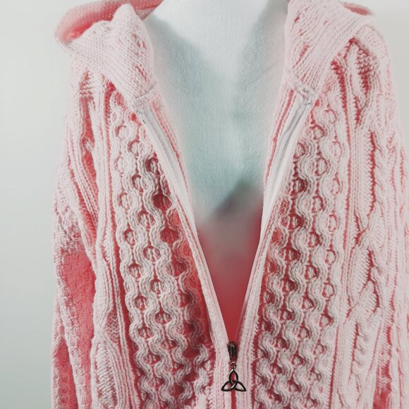 Aran Crafts Ireland, Medium, Pink Chunky Knit Merino Wool Long Hooded Cardigan - Picture 9 of 16